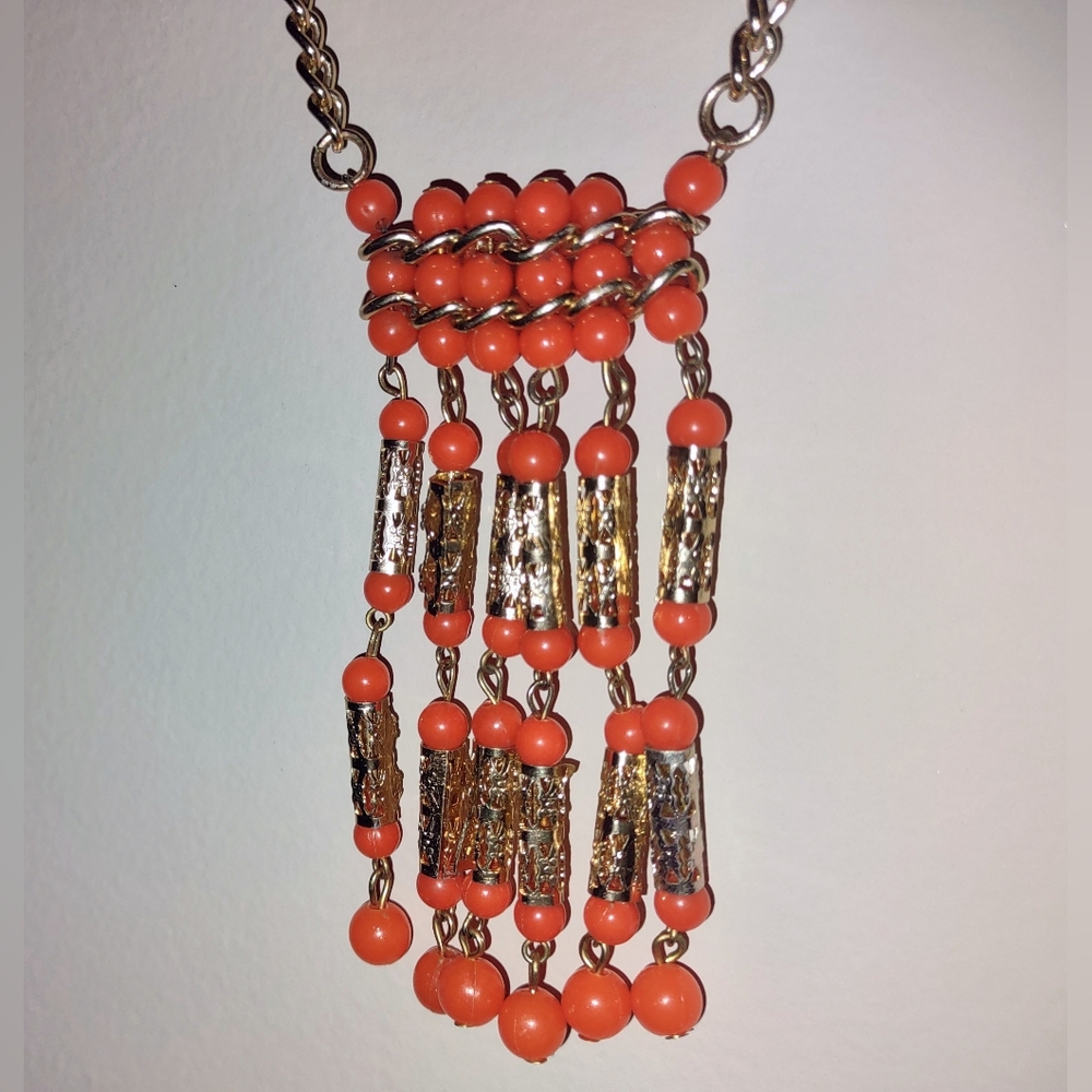 Orange & Gold Egyptian Revival Style Long Chain Beaded Necklace